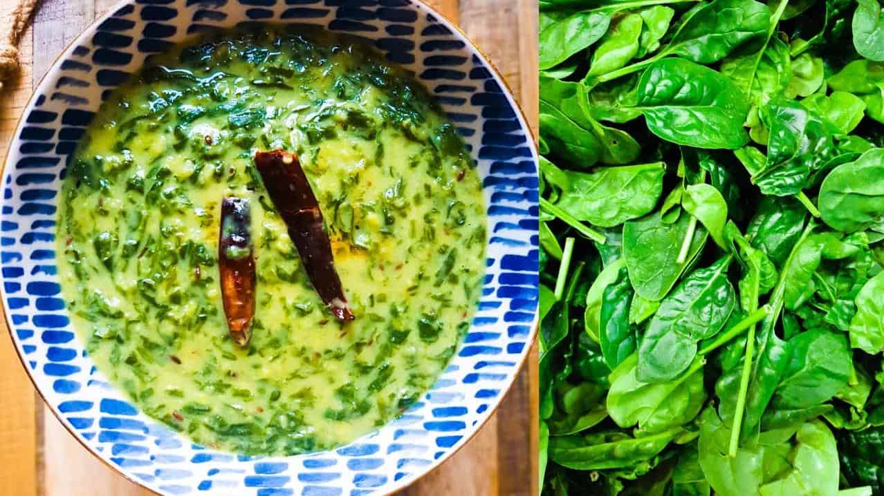  A combination of aromatic spices and fresh spinach leaves