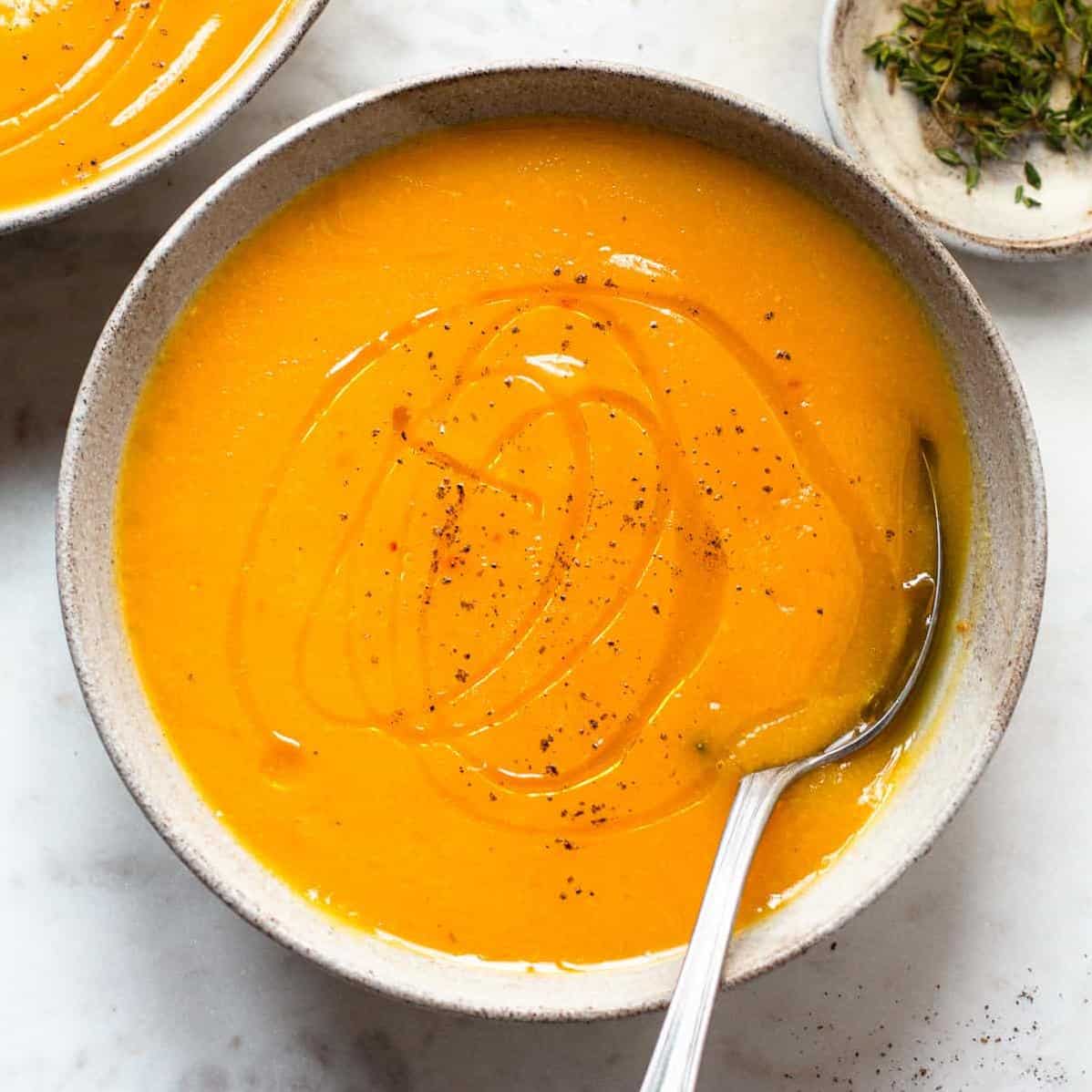  A warm and comforting bowl of Butternut Squash Soup topped with Honey Pecan Butter.