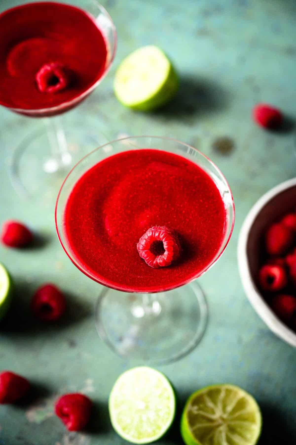  Perfectly blended with fresh raspberries, lime juice, and white rum.