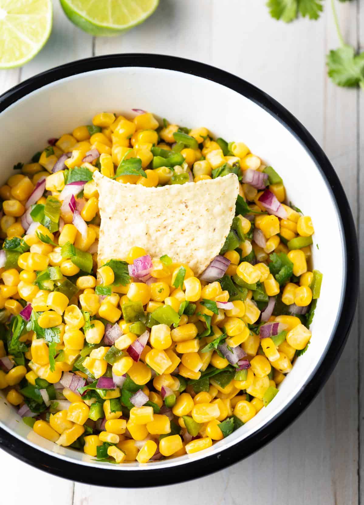  Sweet corn, spicy jalapenos, and tangy lime juice come together in this delicious salsa.