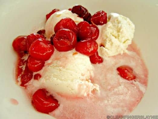  The warm, tart cherries pair perfectly with the cool, creamy ice cream.