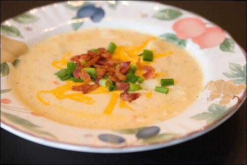  Thick and creamy potato soup, with a hint of garlic and cheese.