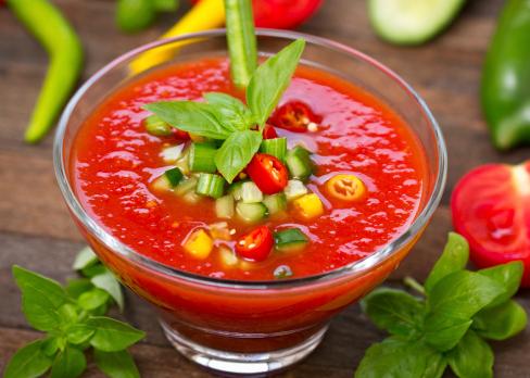  Vibrant colors make this tropical gazpacho fruit soup a feast for the eyes as well as the taste buds.